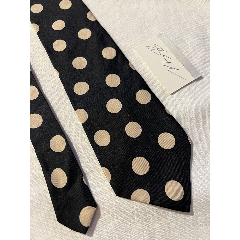 Perry Ellis Portfolio Black Cream Polkadot Twill 100% Silk Tie Necktie Short USA